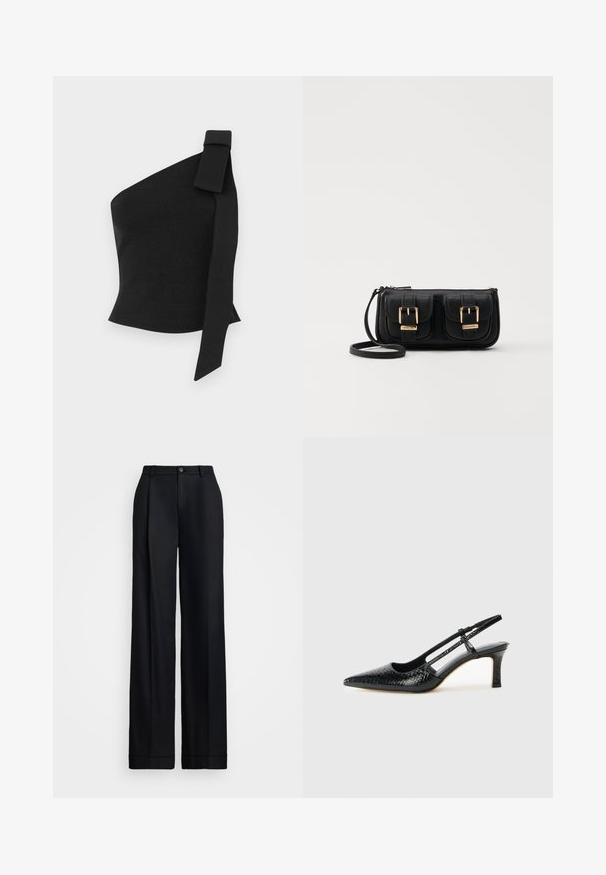 Asymmetrical black top made of textured fabric; features a bow detail on the left shoulder and a fitted design.; Black wide-leg trousers featuring a smooth finish, flat front, belt loops, and a single button closure at the waist.; Black patent slingback heel with a pointed toe, featuring textured snake print, adjustable strap, and a short, textured block heel.; Black leather crossbody bag with two front pockets, gold buckles, zipper closure, and a slim strap. Textured surface and compact rectangular shape.