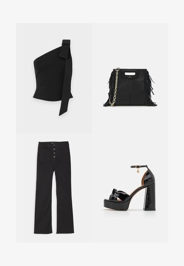 Asymetryczna czarna bluzka z teksturowanej tkaniny; posiada detal w postaci kokardy na lewym ramieniu oraz dopasowany krój.; Czarne jeansy dżinsowe z szerokimi nogawkami, wysoka talia, pięć kieszeni oraz zapięcie na guziki z przodu z czterema metalowymi guzikami.; Maje - Sandały na obcasie; Czarna skórzana torebka na ramię z frędzlami, złotym łańcuszkiem oraz wyciętym uchwytem. Posiada umieszczone na przodzie logo.