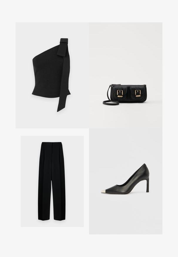 Asymmetrisk sort top lavet af tekstureret stof; har en sløjfedetalje på venstre skulder og en tætsiddende design.; Sorte vide benbukser med høj talje, der har læg og en glat tekstur. Stoffet virker let og falder elegant.; Sort læder højhælet sko med spids tå og metal-sølv hætte. Har en glat finish og en slank hæl på 10 cm.; Sort læder crossbody taske med to frontlommer, guldspænder, lynlåslukning og en slank rem. Struktureret overflade og kompakt rektangulær form.