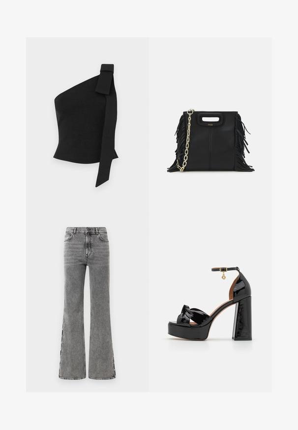 Asymmetrinen musta toppi, joka on valmistettu teksturoidsesta kankaasta; siinä on kaarros vasemmassa olkapäässä ja se on istuva malli.; Kapelevat mustat farkut korkealla vyötäröllä. Ominaisuuksiin kuuluu näkyvät tikkaukset ja sivuvetoketjuyksityiskohdat, jotka tarjoavat tekstuurisen ilmeen.; Maje Korolliset sandaalit - noir; Musta nahkakäekott, millel on frantsiisidetailid, kuldne õlgade rihm ja lõikega käepide. Ees on logo paigutus.