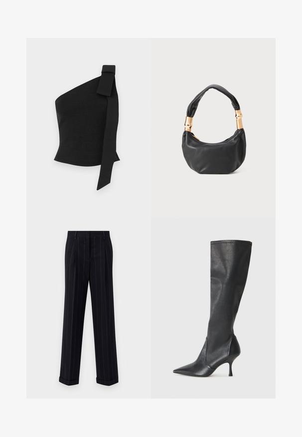 Asymetryczna czarna bluzka z teksturowanej tkaniny; posiada detal w postaci kokardy na lewym ramieniu oraz dopasowany krój.; Czarne spodnie w paski w stylu tailored, z mankietami i fałdami z przodu. Wykonane z gładkiego materiału o strukturalnym fasonie.; Czarne skórzane botki do kolan z ostrym noskiem i wąskim obcasem w szpilkę. Gładka tekstura z dopasowanym krojem i przeszyciem na górnej krawędzi.; Czarna skórzana torebka o okrągłym kształcie, miękkiej fakturze i wiązanym uchwycie z akcentami w złotym odcieniu. Zamek błyskawiczny.