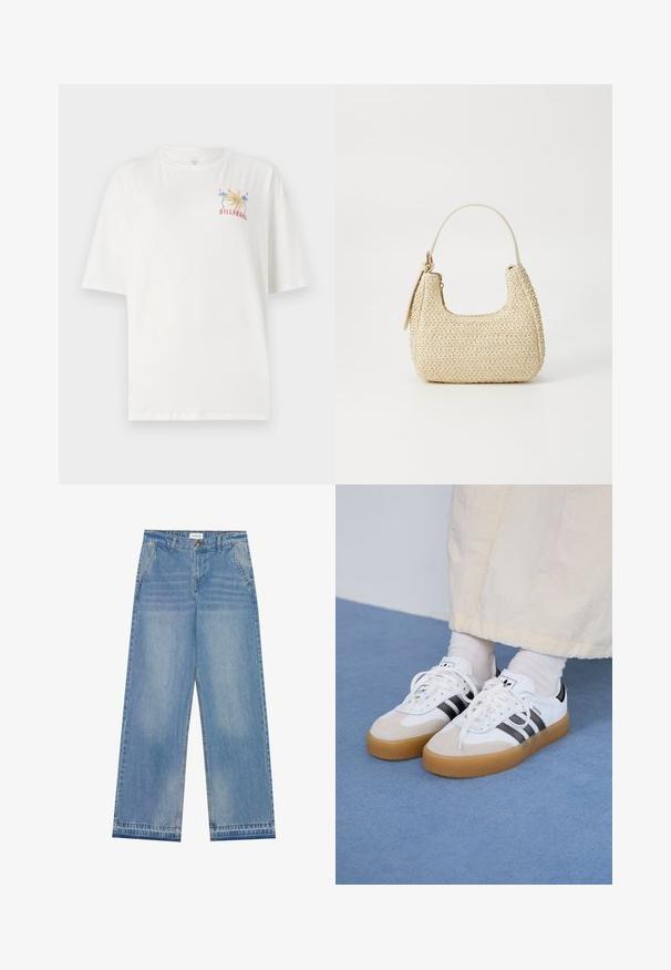 Hvit bomulls t-skjorte med avslappet passform, med en fargerik Billabong-logo med palmer og året "1973" brodert på venstre bryst.; Lys blå høyt liv vid ben jeans med knappelukking, frontlommer, beltehemper og subtile falmede detaljer.; Hvite sneakers med svarte striper og beige semsket skinn-detaljer. Har en teksturert gummisåle og flate hvite snører, brukt med lyse sokker.; Vevd stråveske i beige med buet form, kort håndtak og glidelås på siden. Har teksturert overflate og minimalistisk design.