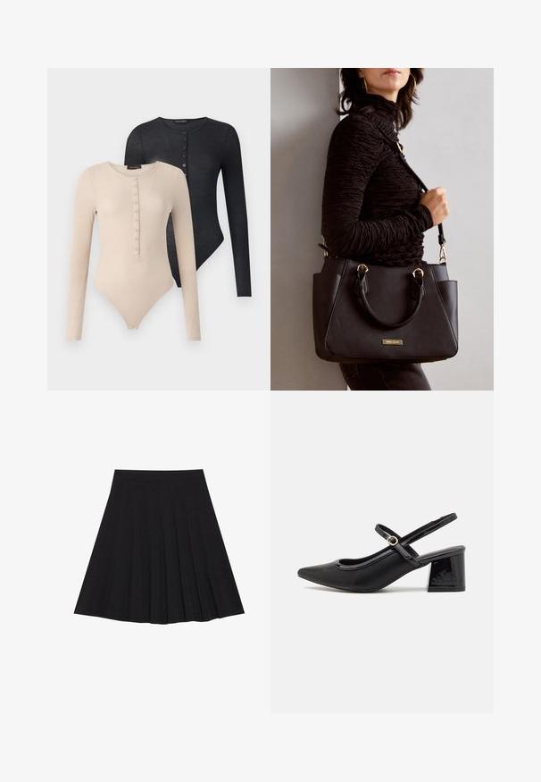Kaks pikka varrukat bodysuit'i beežis ja mustas värvitoonis. Igal on ümmargune kaelus, nööbid ees ja ribakujuline tekstuur.; Must mustriga seelik, millel on tekstureeritud kangas ja kitsas vöökoht. Ulatuv põlveni, omadab sujuvat ja lõputut siluetti.; Mustad läikivad nahast slingback-kõrged kontsad, millel on terav nina, ümar lõikekujundus ja blokknina. Omab kuldset nupu aktsenti.; Musthave must kott, millel on tekstuurne pind, kaks ülemist käepidet ja reguleeritav õlarihm. Omab kuldse tooni riistu ja külgtaskuid.