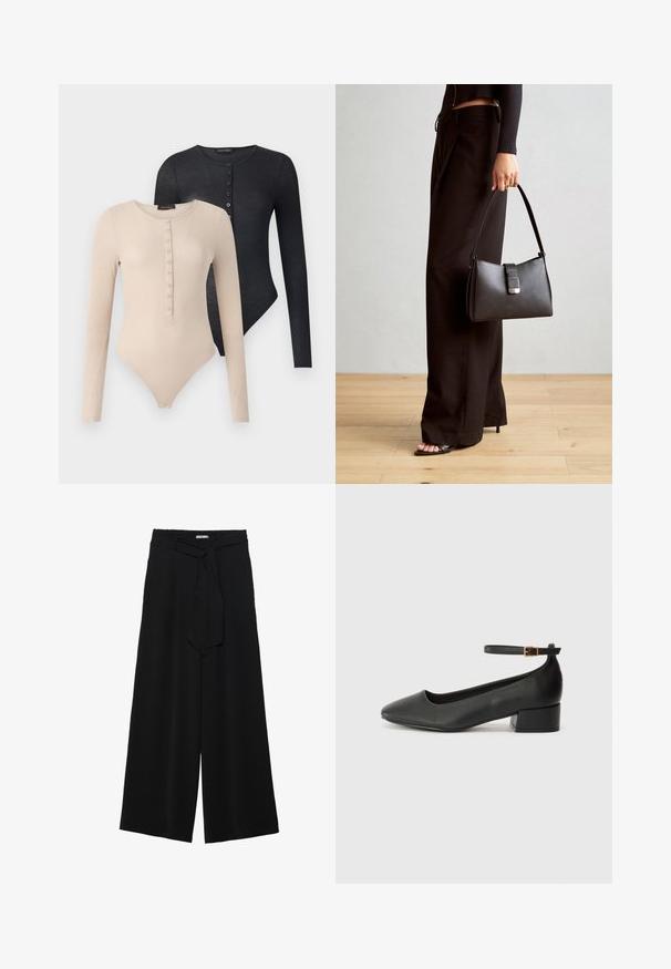 Kaksi pitkähihasta bodysuitia beige ja musta. Kumpikin sisältää pyöreän kaula-aukon, napit edessä ja ribattua tekstiiliä.; Mustat leveät housut, joissa on teksturoitu kangas, joustava vyötärö ja irrotettava nauha vyötäröllä säädettävää istuvuutta varten.; Mustat nahkakengät, joissa on terävä kärki ja matala lohkare korko. Varustettu nilkkahihnalla, jossa on kultasävyinen solki. Lisää sileä pinta.; Musta käsilaukku, jossa on rakenteellinen muoto, sileä pinta ja metallinen solki. Yhdistetty leveisiin mustiin housuihin ja avonaiheisiin sandaaleihin puulattialla.