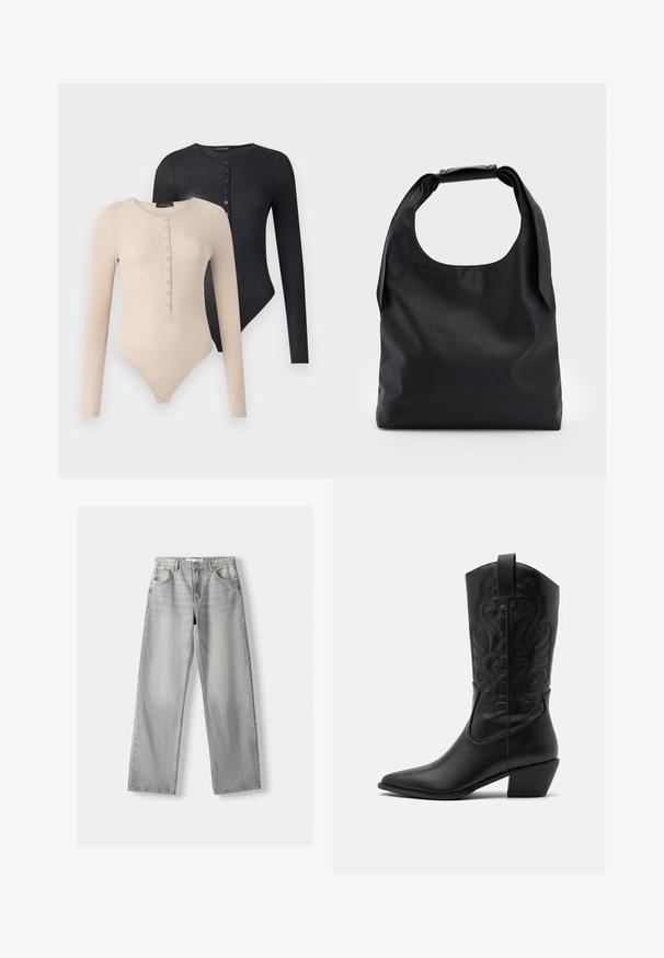 Dvě body s dlouhým rukávem v béžové a černé barvě. Každé má kulatý výstřih, knoflíky na přední straně a ribbovaný vzor.; Světle šedé džíny z denimu se střihy rovného nohavice, které mají dvě přední kapsy, zapínání na knoflík a jemné vyblednutí pro texturu.; Černá kožená kovbojská bota s špičatou špičkou, vytlačenými spirálovými vzory a středně vysokým podpatkem. Obsahuje poutko pro snadné obouvání.; Černá kůže hobo taška s jedním měkkým, zaobleným uchopem; má hladkou texturu a minimalistický design. Bez viditelného kovového doplňku nebo akcentů.