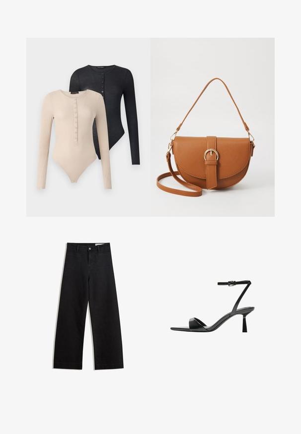 To langeærmede bodystockings i beige og sort. Hver af dem har en rund hals, knapper ned foran og en ribbet tekstur.; Sorte wide-leg denim bukser med høj talje, der har front- og baglommer, syede sømme og en knaplukning. Glat tekstur.; Bershka Højhælede sandaletter / Højhælede sandaler - black; Brun læder crossbody taske med en buet form, guldfarvet hardware og en spændeaccent. Har en aftagelig skulderrem.