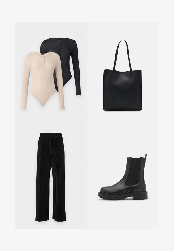 Két hosszú ujjú body bézs és fekete színben. Mindkettőn kerek nyak, gombok találhatók az elülső részén, és bordázott textúra jellemzi.; Fekete pliszírozott nadrág gumis derekkal. Széles lábakkal rendelkezik, sima, texturált anyagból készült, függőleges csíkokkal.; Fekete bőr bokacsizma rugalmas oldalpanellel, vastag gumitalppal és húzóhúzóval. Simább textúrával és elegáns dizájnnal rendelkezik.; Fekete bőrtáska sima felszínnel, téglalap alakú, két hosszú füllel. Nincs látható fémkiegészítő vagy díszítés.