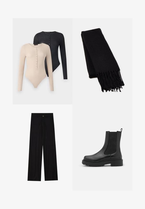 To langeærmede bodystockings i beige og sort. Hver af dem har en rund hals, knapper ned foran og en ribbet tekstur.; Bredde ben sorte bukser lavet af et glat stof, med forlommer og knaplukning i taljen. Minimalistisk design uden mønstre.; Sorte læder ankelstøvler med elastiske sidepaneler, kraftig gummisål og trækkrog. Glat tekstur med et stilrent design.; Sort tørklæde lavet af et blødt, tekstureret stof. Har frynsede kanter og en rektangulær form, der er velegnet til at drape omkring halsen.