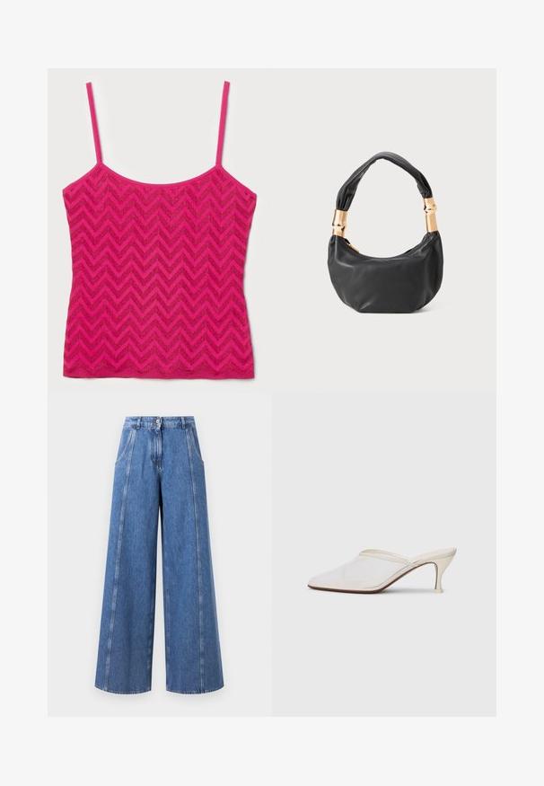 Roosa T-särk õhukeste rihmadega, millel on chevron mustriline tekstuuriga kangas. Sirge lõikeserv, lihtne disain ja särav värv.; Lahti sinised teksapüksid, millel on kõrge talje, silmapaistvad õmblused ja puhas viimistlus ilma taskuteta.; Valge võrkmaterjalist teravatoa mulli king, millel on peen keskmise kõrgusega konts ja libisev disain, tühjal taustal.; Must mustrepp nahkakott ümmarguse kujuga, pehme tekstuuriga ja sõlmiga käepidemega, millel on kuldse tooni aksessuaarid. Lukuga sulgemine.