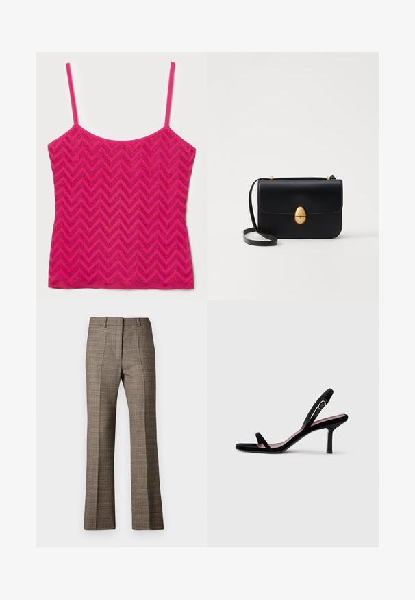Roosa T-särk õhukeste rihmadega, millel on chevron mustriline tekstuuriga kangas. Sirge lõikeserv, lihtne disain ja särav värv.; Pruunist ruudulisest kangast püstise sääremuudega püksid, millel on tekstureeritud kangas ja peened beeži ning tumedamate pruunide tooni mustrid.; Mustmust naiste kõrge kontsaga sandaalid mustast nahast kitsaste rihmadega ja kullavärvi pandlaga valgel taustal, külgvaade.; Must kase nahast käekott, millel on struktureeritud ristkülikukujuline kuju. Omab kuldset ovaalset lukku ja õhukest õlavarre rihma. Sile tekstuur.