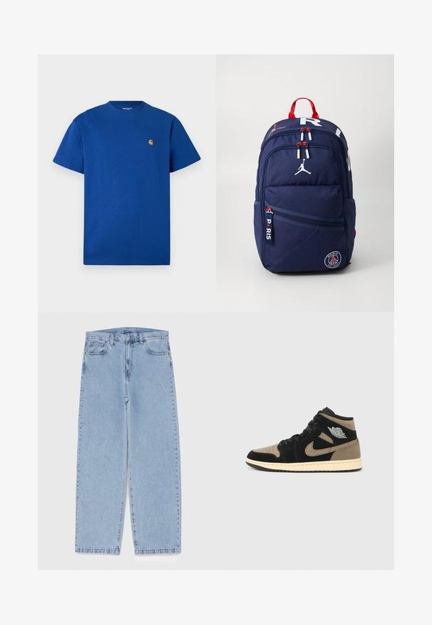 Zila kokvilnas t-krekls ar apaļu kaklu, īsām piedurknēm un mazu zelta logotipu uz krūtīm. Gluda tekstūra un ikdienišķa piegriezne.; Gai zila džinsu bikses ar taisnu kāju dizainu, kas piedāvā vidēju vidukļa augstumu, piecas kabatas un pogas un rāvējslēdzēja aizdari.; Augstpapēžu sporta apavi ar melnu un brūnu zamšādas virsmu, caurspīdīgu purngalu, bēšu viduspiezīm, melnām mežģīnēm un sudrabotu logu uz sāniem.; Jūras spēku mugursoma ar sarkaniem akcentiem, vairākiem ar rāvējslēdzējiem aizveramiem nodalījumiem, ar logotipa plāksteriem un regulējamām siksnām. Izgatavota no izturīga auduma.; Pelēka neilona krustsoma ar rāvējslēdzēja priekšējo kabatu, regulējamu melnu siksnu un melnu logotipa akcentu priekšpusē. Kompakts un viegls dizains.