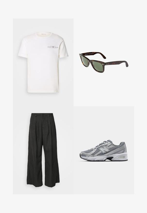 T-shirt bianco in cotone con collo rotondo, maniche corte e logo stampato. Presenta un design minimalista e una vestibilità rilassata.; Pantaloni a gamba larga neri a righe con pieghe, caratterizzati da un design sartoriale e una texture morbida. Nessun hardware o decorazione visibile.; Scarpa sportiva grigia con tomaia in rete, dettagli argentati, colletto imbottito e suola intermedia bianca con suola nera.; Occhiali da sole Wayfarer con montatura in plastica tartarugata scura, lenti verdi e logo Ray-Ban in argento sulla tempia.; Orologio G-Shock con cassa in resina trasparente, quadrante blu, dettagli metallici, display digitale e cinturino in silicone testurizzato. Impermeabile fino a 20 bar.