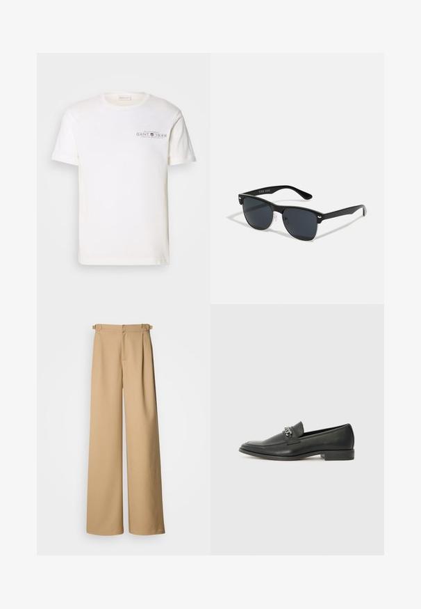 Weißes Baumwoll-T-Shirt mit Rundhalsausschnitt, kurzen Ärmeln und einem bedruckten Logo. Verfügt über ein minimalistisches Design und eine lockere Passform.; Beige weite Hosen mit hoher Taille, gefälteltem Vorderteil und Gürtelschlaufen. Hergestellt aus glattem Stoff mit einem klaren, minimalistischen Design.; Schwarzer Lederloafer mit glatter Oberfläche, ausgestattet mit einer gesteppten Gestaltung und einem dekorativen Metallkettendetail über dem Vorderblatt. Flacher Absatz.; Schwarze Sonnenbrille mit rechteckiger Form, dunklen Gläsern, silbernen Akzenten an den Bügeln und mattierter Oberfläche des Rahmens.