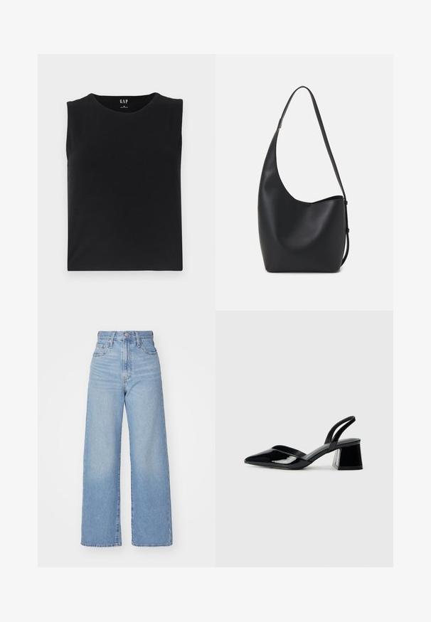 Fekete, ujjatlan felső, puha anyagból készült, kerek nyakkivágással és egyenes szegéllyel. Minimalista dizájn, díszítések vagy kiegészítők nélkül.; Világoskék, magas derekú, bő szárú farmernadrág, elülső gombbal és cipzárral, elülső és hátsó zsebekkel, fehér háttérrel.; Fekete lakk bőr szandálkés magas sarkú cipő, hegyes orral és geometrikus tömbsarkakkal. Karcsú, minimalista dizájn és sima textúra jellemzi.; Fekete bőr hobo táska sima textúrával, ívelt formával és egyetlen állítható pánttal; széles nyílás található a tetején.