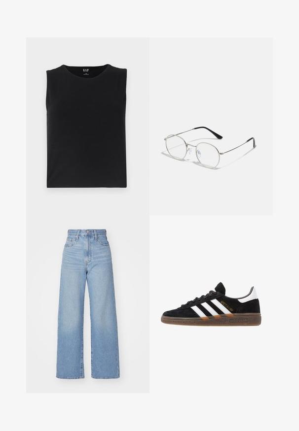 Top preto sem mangas feito de tecido macio, apresentando um decote redondo e uma barra reta. Design minimalista sem acentos ou enfeites.; Jeans de cintura alta e perna larga em azul claro, com fecho frontal de botão e zíper, bolsos frontais e traseiros, sobre um fundo branco.; Sapatilha Adidas preta com riscas brancas, texto dourado "Spezial", sola de borracha e aba do calcanhar branca, apresentada em vista lateral.; Óculos de metal redondos com uma armação prateada fina, lentes transparentes e hastes pretas com pontas de borracha para conforto. Design minimalista.