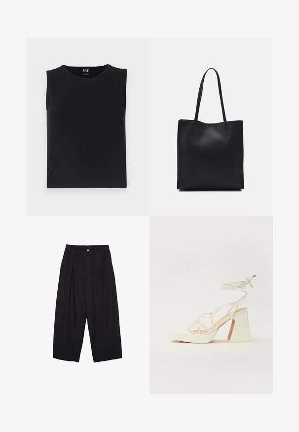 Top senza maniche nero realizzato in tessuto morbido, con scollatura rotonda e orlo dritto. Design minimalista senza accenti né decorazioni.; Pantaloni culotte neri in poliestere con una cintura elastica, due pieghe frontali e una silhouette ampia. Nessun motivo visibile o dettagli in metallo.; Sandalo bianco con tacco alto, caratterizzato da un design a cinturini e un legaccio alla caviglia. Texture liscia con una piattaforma frontale per un'altezza aggiuntiva.; Borsa tote in pelle nera con texture liscia, forma rettangolare e due manici lunghi. Nessun hardware o decorazione visibile.