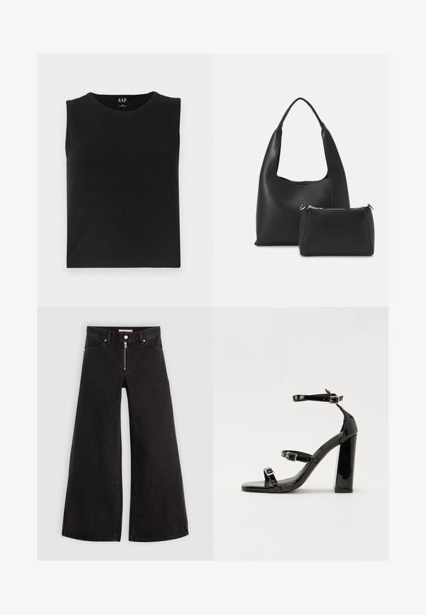 Top negru fără mâneci, confecționat dintr-o țesătură moale, având un guler rotund și un tiv drept. Design minimalist, fără accente sau ornamente.; Jeans cu picioare largi din denim negru, cu fermoar în față, design cu cinci buzunare și detalii subtile de cusătură. Textură netedă și stil casual.; Sandale cu toc din patent negru, cu vârf pătrat, curele la gleznă și catarame din argint. Dispune de un toc gros pentru stabilitate.; Even&Odd Geantă de mână - black