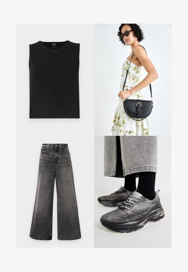 Svart ermeløs topp laget av myk stoff, med rund halslinje og rett nederkant. Minimalistisk design uten aksenter eller dekorasjoner.; Bredde ben svarte denim jeans med falmet vask, fem-lommers design og knappelukking i livet, med sømdetaljer.; Sorte og grå treningssko har en mesh-overdel, tykke såler og snøring. De har en rund tå og synlige dempe detaljer.; Svart lærveske med en buet form, avtagbar stropp og gullbeslag. Vesken har et klaff med spenne-detall.