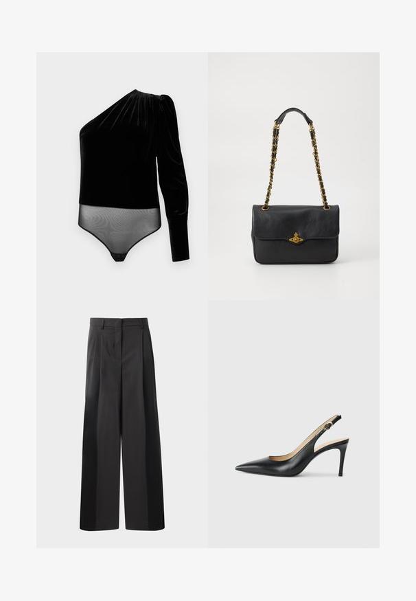 Body din catifea neagră, cu un mânecă lungă și panou inferior transparent. Textură netedă cu un design drapat pe umăr și sistem de închidere tip clapă.; Pantaloni negri cu talie înaltă, cu picioare largi, având pliseuri frontale, o textură netedă și un finisaj croit. Concepuți pentru o croială relaxată.; Cizme negre din piele cu toc înalt slingback, cu vârf ascuțit, curea ajustabilă și un toc stiletto elegant, având un finisaj neted.; Geantă de mână din piele neagră, cu clapetă rabatabilă, curea din lanț de culoare aurie și detalii cu logo pe față. Textură netedă.