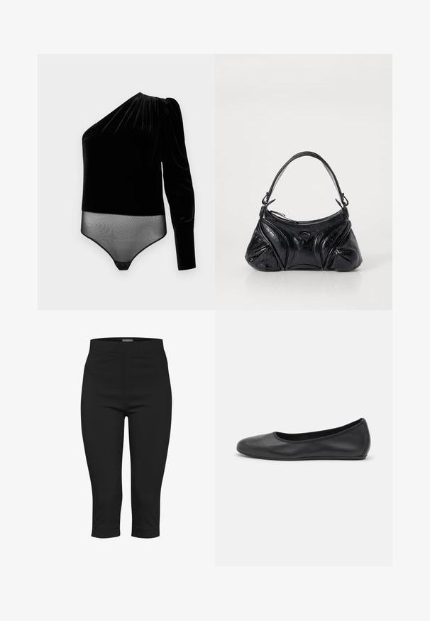 Mustmust mustrühk, millel on üks pikk varrukas ja õhuke alumine paneel. Sile tekstuur ja langev disain õlal ning nööbistatav sulgur.; Musthave muströöpipüksid, mis on valmistatud venivast kangast. Omavad füüsiliselt sobivat vöökohta, küljetaskuid ja lühendatud pikkust, millel on sile tekstuur.; Musthave mustika tantsutossud mustast nahast, ümmarguse varbaga, siledast tekstuurist, minimaalse õmblusdetailiga ja paindliku tallakujundusega.; Musta kott, mis on valmistatud tekstureeritud nahast ja omab ümarat kuju. Sellel on õhuke õlarihm ja dekoratiivsed reljeefmustrit.