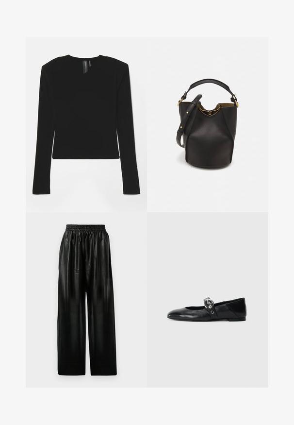 Must mustakavöödiga must pikkade varrukatega topp, valmistatud venivast kangast, V-kaeluse ja vormitud disainiga, sujuva tekstuuriga ja lühemal pikkusel.; Mustad nahast laiade säärega püksid elastse vöökohtaga, millel on kaks küljetaskut ja sile, läikiv pind.; Mustadest nahast balleti kingad terava varbaga, millel on rihm ümmarguse metallist pandlaga ja lame tald.; Mustast nahkämbriga kott tekstuurses viimistluses, kuldsete metalldetailide aktsentidega ja avatud ülaosaga. Omab lühikest käepidet ja reguleeritavat õlavarre rihma.