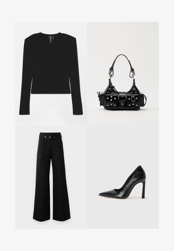 Musta pitkähihainen paita, joka on valmistettu joustavasta kankaasta, V-pääntiellä ja sovitettuna muotona. Paidassa on sileä pinta ja lyhennetty pituus.; Mustat leveälahkeiset housut, joissa on korkea vyötärö, suuret sivutaskut, kaksi etunappia ja silmukkayksityiskohta. Valmistettu kestävästä kankaasta.; Musta kapea nilkkakorkokenkä krokotiilin nahkakuviolla, joka on varustettu tyylikkäällä muotoilulla, korkealla stiletto-korkealla ja sileällä mustalla sisäosalla.; Musta nahkainen käsilaukku, jossa on kaareva muotoilu, hopeiset niitit, solki ja kaksi sivutaskua. Säädettävä olkahihna erilaisiin kantovaihtoehtoihin.