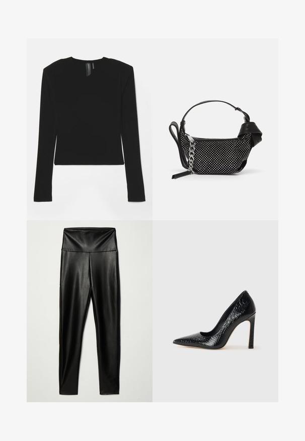 Top nera a maniche lunghe realizzato in tessuto elasticizzato, con scollo a V e design aderente, caratterizzato da una texture liscia e una lunghezza cropped.; Leggings neri in ecopelle con vita alta, caratterizzati da una superficie liscia e una silhouette aderente, che si estendono fino alla caviglia.; Scarpa nera con punta a punta alta in pelle di coccodrillo, caratterizzata da un design elegante, alto tacco a spillo e interno nero liscio.; Borsa nera con decorazioni a borchie, una tracolla a catena e un manico in pelle liscia, dalla forma rotonda e con scomparto con zip.