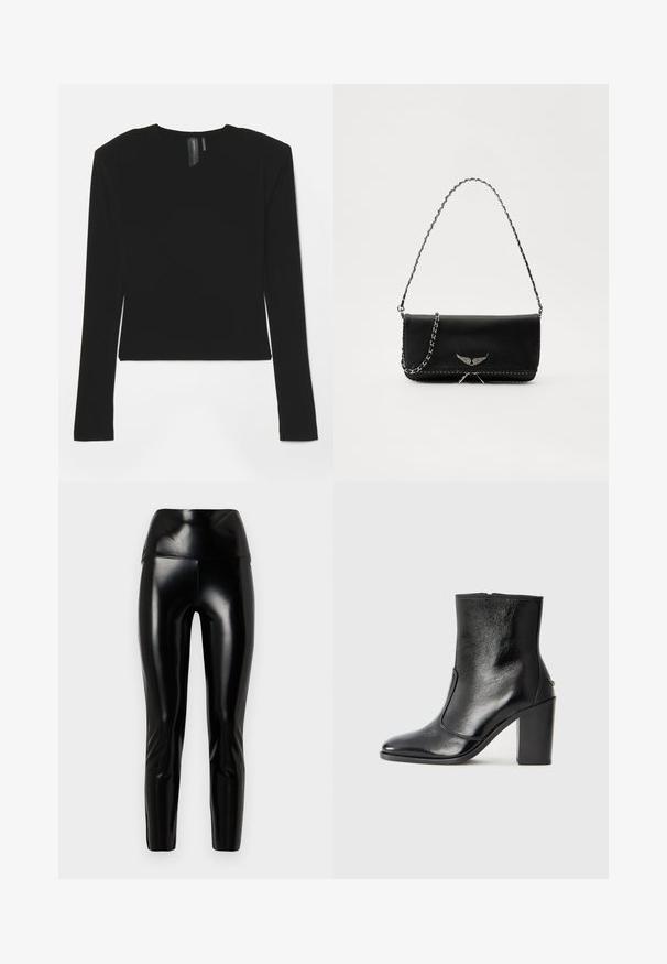 Fekete, hosszú ujjú felső, rugalmas anyagból, V-kivágással és formás szabással, sima textúrával és rövidített hosszal.; Fekete műbőr leggings magas derékkal, sima textúrával, tapered lábakkal és fényes kivitelben. Nincsenek látható varratok vagy díszítések.; Fekete bőr bokacipő sima textúrával, hegyes orral és vastag, magas sarkával. Oldalnyílással és minimalista dizájnnal rendelkezik.; Fekete bőrtáska ezüstlánc pánttal, díszes szárnyakkal és fehér varrással az alsó varrat mentén.