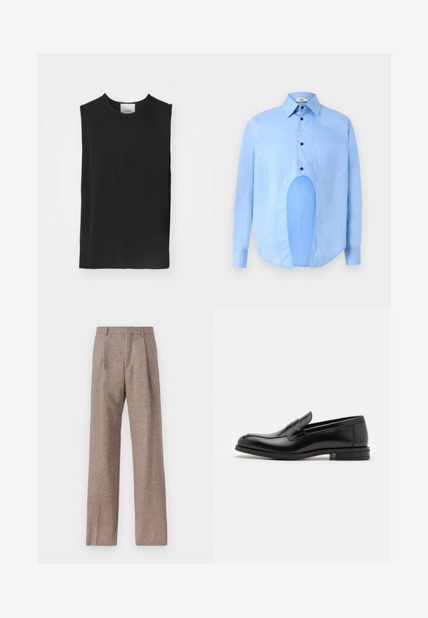 Fekete ujjatlan felső sima anyagból, kerek nyakkivágással és laza fazonnal, tiszta varrásokkal, látható díszítés vagy minta nélkül.; Világoskék, hosszú ujjú ing, hegyes gallérral, fekete gombokkal, és egyedi kivágással elöl, amely különleges dizájnt kölcsönöz.; Barna, magas derekú nadrág texturált anyagból. Széles szárai és két elülső redője biztosítja a struktúrát. Ízléses kivitel, látható fémszerelés nélkül.; Fekete bőr loaferek sima textúrával, kerek orral és dekoratív pánttal a vampnál. Alacsony, rétegelt sarkú, minimalista dizájn.