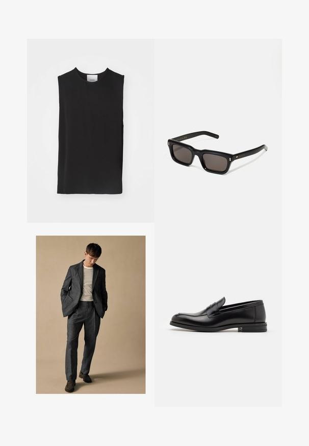 Melnā bez piedurknēm tops, izgatavots no gludas auduma, ar apaļu kakla izgriezumu un brīvu piegriezumu, ar tīrām šuvēm un bez redzamām akcentiem vai rakstiem.; Pelēks piegriezts uzvalks ar izgrieztām atlokām un priekšējām kabatām, apvienots ar svītrainu krekli. Biksēm ir brīva piegriezuma forma un krokas detaļa. Brūni apavi.; Melnas ādas kurpes ar gludu tekstūru, noapaļu purngalu un dekoratīvu siksniņu pāri priekšpusei. Zems sakrauts papēdis, minimālisma dizains.; Melnas taisnstūra formas saulesbrilles ar tumšiem stikliem, bieza plastmasas rāmja, zelta akcenti pie tempļiem un zīmola logo iegravēts roku daļā.