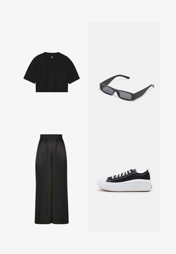 Czarny skrócony t-shirt wykonany z miękkiego materiału, z krótkimi rękawami, okrągłym dekoltem i prostym logo nadrukowanym blisko kołnierza.; Czarne spodnie z szerokimi nogawkami, wykonane z gładkiego, błyszczącego materiału, z elastycznym pasem i bez widocznych kieszeni ani elementów metalowych.; Czarne płócienne tenisówki z białymi sznurowadłami, białą gumową czapeczką na palcach i masywną białą podeszwą. Mają subtelne białe przeszycia i gumową podeszwę.; Czarne prostokątne okulary przeciwsłoneczne z ciemnymi soczewkami i grubymi matowymi oprawkami. Ramiona są lekko zwężone i mają gładką teksturę.