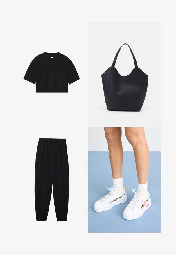 Black cropped t-shirt made of soft fabric, featuring short sleeves, a round neck, and a simple logo printed near the collar.; Black, lightweight pants with an elastic waistband and gathered ankles. The fabric is smooth and features a relaxed, tapered design.; Puma MAYZE - Trainers - white/granola; Black tote bag made of smooth leather, featuring a curved, open top with two shoulder straps and a minimalist design.