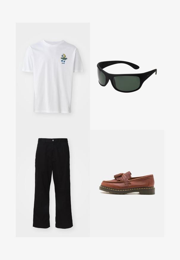 Balta medvilninė t-marškiniai su grafiniu spaudiniu, kuriame yra tekstas 'CONVERSE MOTEL', žvaigždė ir delnai mėlynos ir geltonos spalvos atspalviuose. Trumpomis rankovėmis.; Juodos plačios kojų kelnės, pagamintos iš medvilnės mišinio, su mygtukų uždarymu ir tiesiu kirpimu, turinčios minimaliai matomų siūlių.; Rudos odinės mokasinai su pakabukų akcentais, tekstūruota paviršius ir kontrastuojančios geltonos siūlės palei juodą gumos pada.; Juodos apskrito tipo saulės akinių rėmas su tamsiai žaliais lęšiais. Matinis paviršius, kreivai suformuota konstrukcija, tiesios namos ir subtilus prekės ženklas šone.