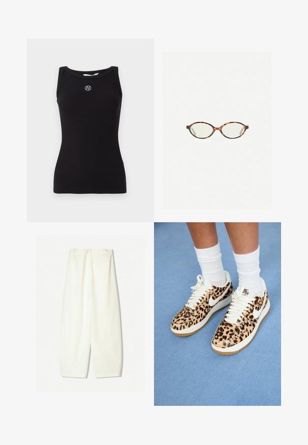 Czarna, prążkowana koszulka bez rękawów z okrągłym dekoltem. Posiada wyszywane białe logo na piersi oraz brak dodatkowych wzorów czy tekstur.; Szerokie spodnie w miękkim kremowym materiale, z gładką teksturą, przednimi kieszeniami oraz luźnym krojem z średnim stanem.; Sneakers Nike Air Force 1 w print w panterę, z białymi sznurowadłami i znakiem swoosh, z tanowym gumowym spodem i fakturowaną cholewką. Widoczne białe skarpetki.; Okulary w kolorze tortoiseshell z owalnymi soczewkami i gładkim, eleganckim wykończeniem. Posiadają cienkie boki z delikatnym łukiem w okolicy skroni. Przezroczyste soczewki.