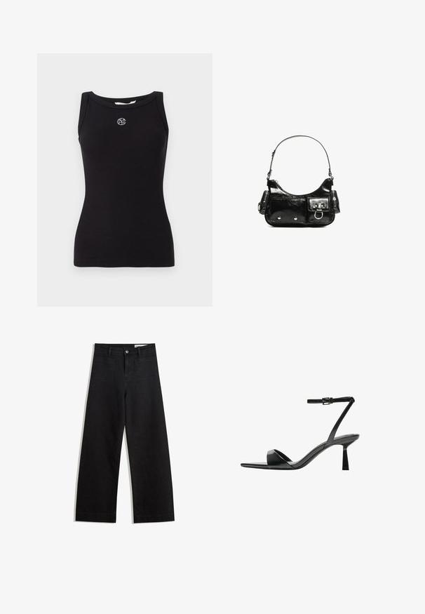 Zwarte geribde tanktop met een ronde halslijn. Voorzien van een geborduurd logo in het wit op de borst en verder zonder extra patronen of texturen.; Zwarte denim broek met wijde pijpen en een hoge taille, voorzien van voor- en achterzakken, gestikte naden en een knoopsluiting. Gladde textuur.; Bershka Sandalen met hoge hak - black; Zwarte laarzen in lakleer met een gebogen vorm, één schouderband, voorvakken en accenten in zilverkleurig metaal.