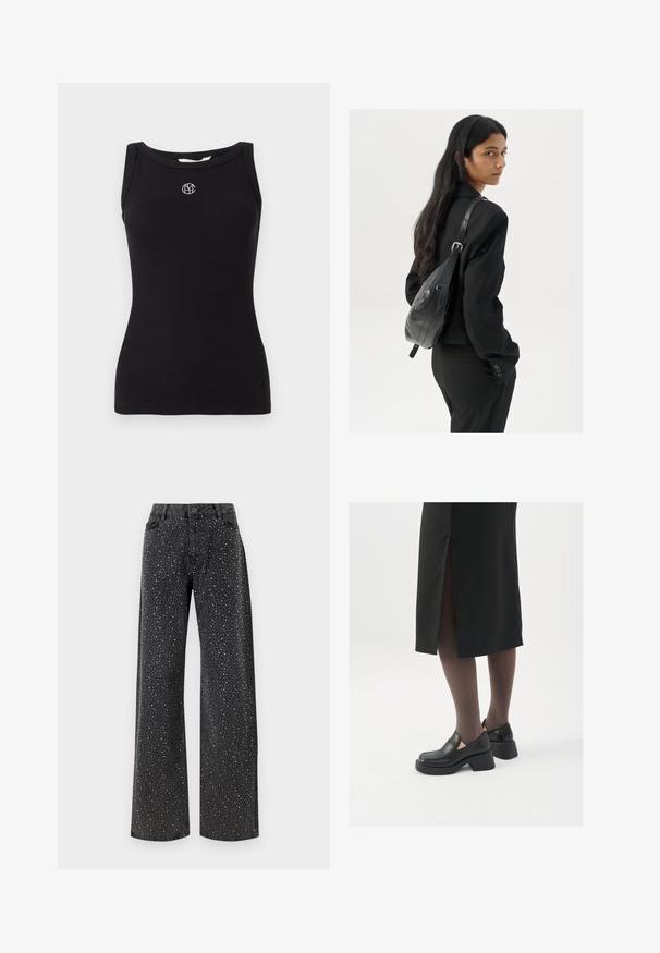 Black ribbed tank top with a round neckline. Features an embroidered logo in white on the chest and no additional patterns or textures.; Noisy May NMJANNEL LOOSE - Relaxed fit jeans - black denim; Black leather shoes with a rounded toe, thick block heel, and elastic side accents, paired with dark tights and a black skirt with a slit.; Woman with long dark hair wearing a black suit, carrying a black leather shoulder bag, looking over her shoulder against a white background.; Silver hoop earrings with a minimalist design. Circular shape, smooth texture, and thin profile. Lightweight with a polished finish.
