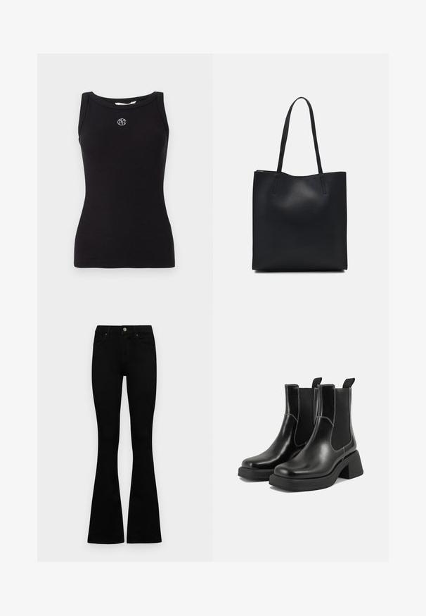 Black ribbed tank top with a round neckline. Features an embroidered logo in white on the chest and no additional patterns or textures.; Black high-waist jeans with a button and zip closure, front pockets, and flared legs laid flat on a white background.; Black leather Chelsea boots with a chunky heel, elastic side panels, and contrasting white stitching. Textured finish.; Black leather tote bag with smooth texture, rectangular shape, and two long handles. No visible hardware or embellishments.