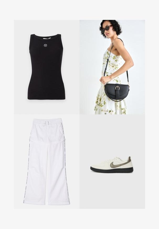 Svart ribbestrikket tanktopp med rund hals. Har et brodert logo i hvitt på brystet og ingen andre mønstre eller teksturer.; Hvite bukser med bred benvidde, elastisk midje og snor. Har sidestipes med tekst og en avslappet, myk tekstur.; Nike Sportswear FIELD GENERAL - Joggesko - off-white/black; Svart lærveske med en buet form, avtagbar stropp og gullbeslag. Vesken har et klaff med spenne-detall.