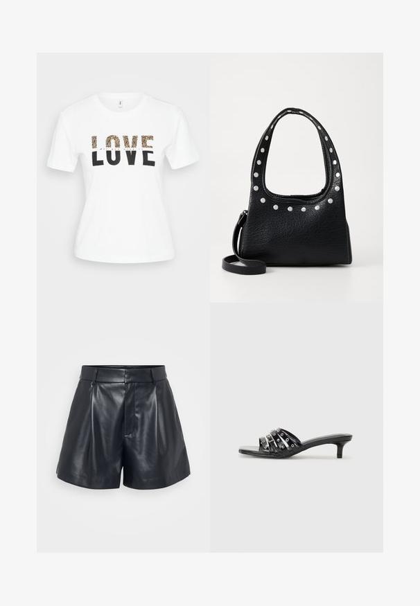 Hvit kortermet t-skjorte med teksten "LOVE"; de øverste bokstavene i leopardmønster, de nederste bokstavene i svart, og med en liten kursiv "Alt du trenger er" over.; Sorte lærshorts med en glat tekstur, skræddersyet design, plisseret front og bæltestropper; har en skjult lynlås-lomme på siden.; Svarte hæl sandaler med flere glinsende stropper og metalliske detaljer, med spiss tå og moderate kitten hæler. Glatt tekstur.; Svart teksturert skinnhåndveske med sølvfargede nagler langs toppkanten og håndtakene, med et kort håndtak og en avtagbar stropp.
