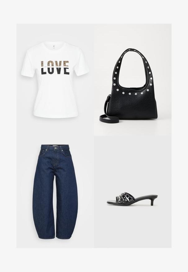 White short-sleeve t-shirt with "LOVE" text; top letters in leopard print, bottom letters in black, and small cursive "All you need is" above.; High-waist dark blue denim jeans with wide legs, front button and zipper closure, and classic five-pocket design.; Black heeled sandals with multiple glossy straps and metallic accents, featuring a pointed toe and modest kitten heels. Smooth texture.; Black textured leather handbag with silver studs along the top edge and handles, featuring a short handle and a detachable strap.; Silver hoop earring with a polished finish, featuring small gold accent details and a round shape, worn on the lobe.
