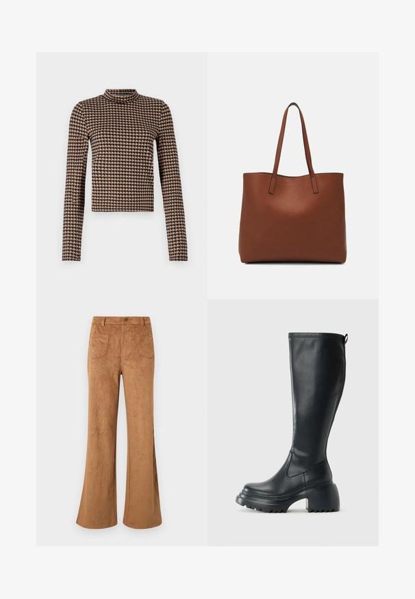 Hosszú ujjú felső fekete és barna kutyafog mintával, magas nyakkal és testhez simuló siluettel, puha, rugalmas anyagból.; Barna velúr bővülő nadrág, magas derékkal, elülső és hátsó zsebekkel, sima textúrával. Kényelmes szabással a láb mentén.; Magas fekete bőrcipő, vastag platform talppal és blokk sarokkal, húzófüllel és texturált profillal az outsole-on.; Barna bőr vászontáska sima textúrával, nyitott tetejű dizájnnal és két vállpánttal. Minimális varrással és látható hardver nélkül készült.