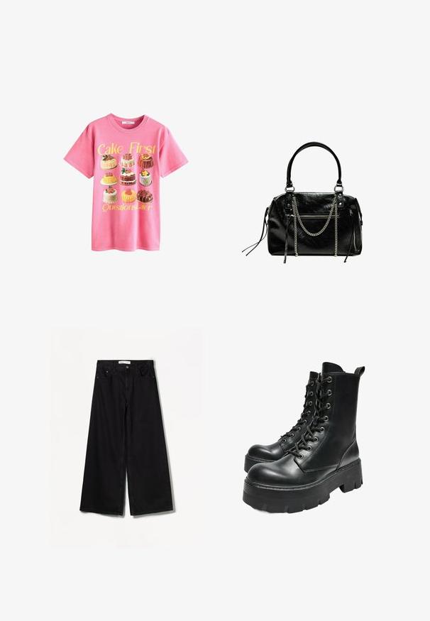 Rosa bomullströja med en illustration av olika tårtor, med texten "Tårta först, frågor senare" i gult ovanför.; Bershka WIDE-LEG - Wide leg - black; Bershka TRACK - Platåstövletter - black; Bershka WITH CHAIN - Handväska - black