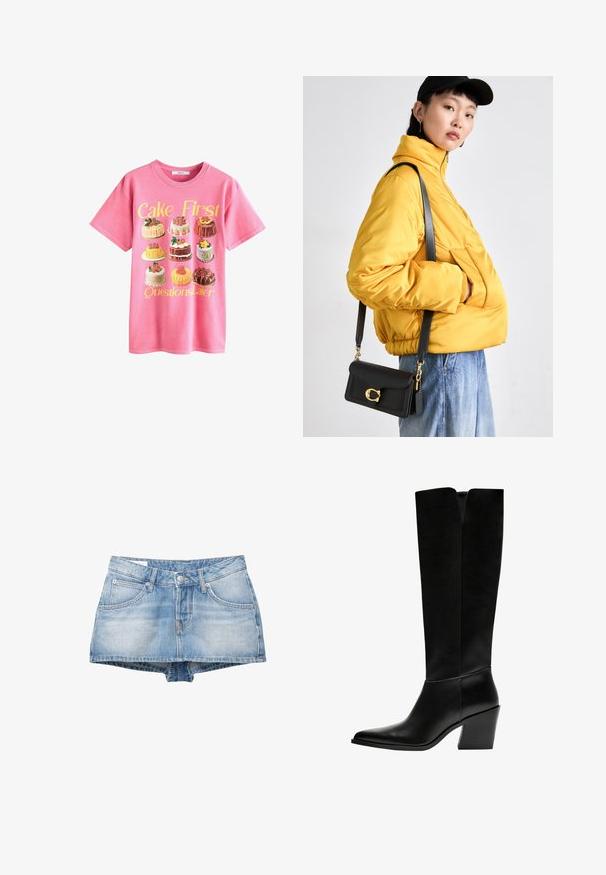 Rosa Baumwoll-T-Shirt mit einer Illustration verschiedener Kuchen, darüber in Gelb der Text "Kuchen zuerst, Fragen später".; Jeansshorts in Hellblau mit ausgewaschenem Finish. Mit fünf Taschen und einem Knopfverschluss vorne. Klassischer Schnitt mit geradem Saum.; Schwarze kniehohe Stiefel aus glattem Leder, mit spitzem Schuhbund, einem Blockabsatz und einem V-förmigen Ausschnitt an der Oberseite.; Gelbe gepolsterte Jacke mit hohem Kragen und Fronttasche, kombiniert mit einer schwarzen Umhängetasche mit goldenen Beschlägen. Lässige Denim-Hosen.