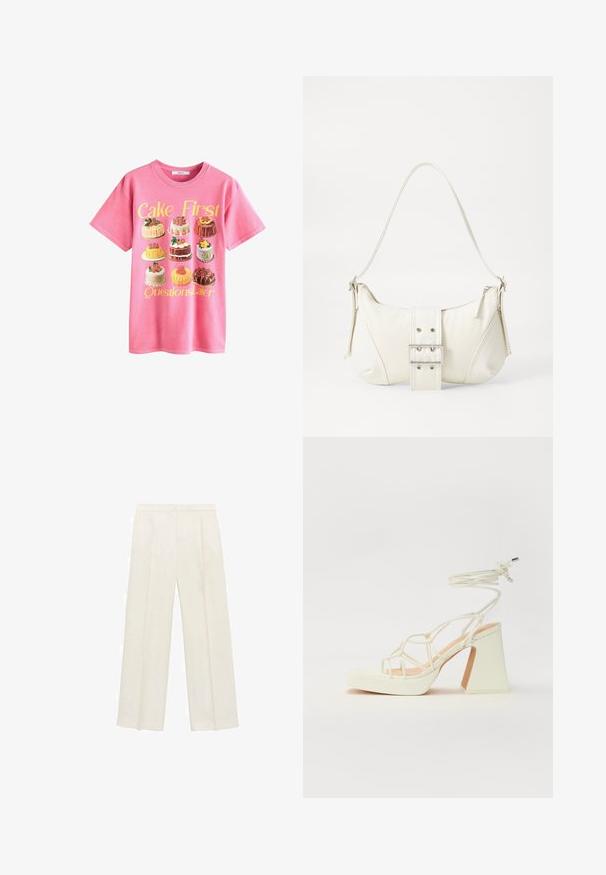 Un tricou roz din bumbac, cu o ilustrație a diferitelor prăjituri, având textul "Întâi prăjituri, apoi întrebări" în galben deasupra.; Pantaloni cu picioare largi, de culoare crem deschis. Realizați dintr-un material neted, cu plisuri în față și buzunare laterale.; Sandale albe cu toc înalt și gros, cu un design cu curele și legătură la gleznă. Textură netedă, cu o platformă frontală pentru înălțime suplimentară.; Geantă albă de umăr cu un finisaj texturat, un accent cu cataramă centrală și o formă curbată. Încărcătoare cu fermoar pe ambele laturi.