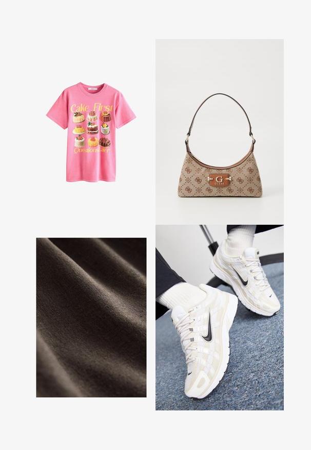T-shirt en coton rose avec une illustration de divers gâteaux, accompagnée du texte « D'abord le gâteau, ensuite les questions » en jaune au-dessus.; Tissu marron foncé avec une surface lisse et texturée, présentant des plis subtils et un aspect mat doux. Idéal pour diverses applications textiles.; Des baskets Nike blanches et beiges avec une tige en mesh, un revêtement texturé, un swoosh noir et une semelle rembourrée avec une semelle extérieure antidérapante.; Sac fourre-tout en tissu beige avec des accents en motif marron. Présente une forme courbée, une seule sangle et une plaque logo à l'avant avec des accessoires en argent.
