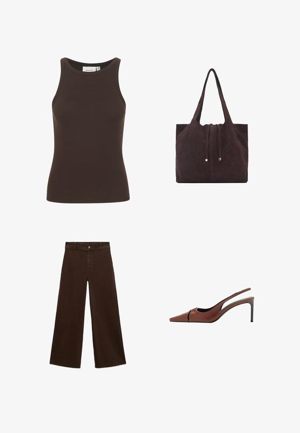 Gestuz DREW LOGO TANK - Top - dark brown; Rjave široke hlače iz mešanice bombaža, z raztrganim robom, sprednjim gumbom in klasičnim dizajnom s petimi žepi. Minimalistične in vsestranske.; Rjavi usnjeni slingback čevelj z ostro konico, izrezom na vampu in elegantno stiletnasto peto. Gladka tekstura.; Mango Torba za nakupovanje - dark brown