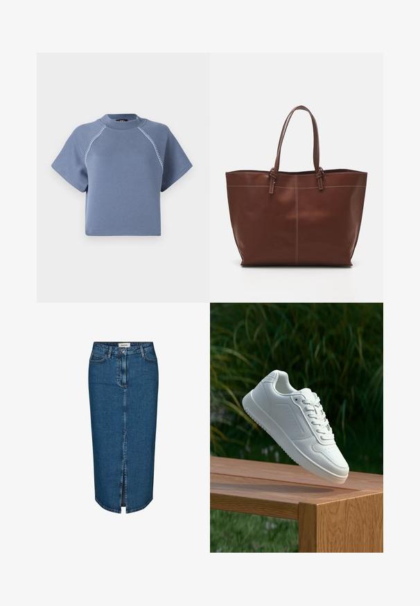 Blå cropped sweatshirt med korte ærmer, rund halsudskæring og kontrastsyninger langs skuldersømmene, lavet af blødt stof.; Mørkeblå denim blyantskjørt med frontslitt, fem lommer og kontraststing. Midjehøyde med klassisk design.; Hvite sneakers med en glatt syntetisk overdel, perforert tåboks, flate snørebånd og en teksturert såle, vist på en treflate.; Brun lær tote bag med dobbelthåndtak, har kontraststing og en romslig design, egnet for daglig bruk.