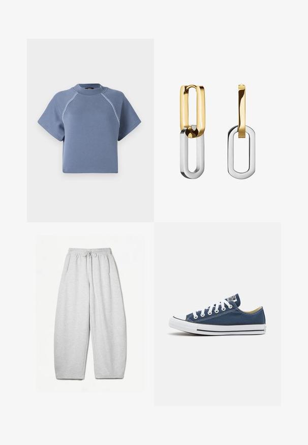 Blue cropped sweatshirt with short sleeves, round neckline, and contrast stitching along shoulder seams, made of soft fabric.; Light grey sweatpants with a relaxed fit, elastic waistband, drawstring, and side pockets; made from soft, textured fabric.; Canvas sneaker in navy blue with white eyelets and laces, featuring a white rubber toe cap and a black stripe along the sole.; Gold and silver metal earrings featuring interlocking rectangular loops with a sleek finish and polished texture.