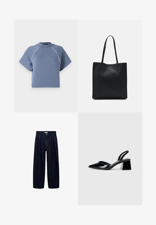 Modrá skrátená mikina s krátkymi rukávmi, okrúhlym výstrihom a kontrastným prešívaním pozdĺž ramenných švov, vyrobená z jemného materiálu.; Tmavé džínsy s širokými nohavicami a pregibmi v páse, s predným gombíkom a pútkami na opasok. Hladká textúra a celodlhý strih.; Čierne lakované kožené sandálové podpätky s špicatou špičkou a geometrickým blokovým podpätkom. Disponujú elegantným, minimalistickým dizajnom a hladkým povrchom.; Čierna kožená taška na rameno s hladkým povrchom, obdĺžnikovým tvarom a dvoma dlhými uchami. Bez viditeľného kovania alebo ozdôb.