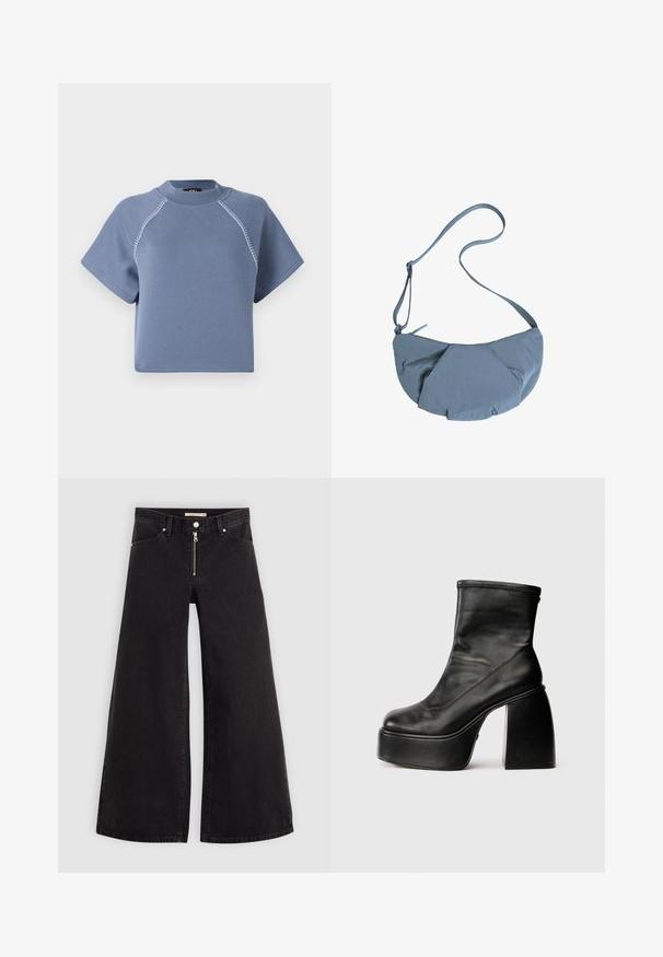 Plavi skraćeni dukserica s kratkim rukavima, okruglim izrezom i kontrastnim šavovima duž ramena, izrađena od mekog materijala.; Široke traperice od crnog denima s prednjim zatvaračem, dizajnom s pet džepova i suptilnim detaljima šivanja. Glatka tekstura i ležeran stil.; Crne kožne gležnjače s zaobljenim vrhom, glatkom teksturom i istaknutim blok petama. Imaju bočni patentni zatvarač. Minimalistički dizajn.; Siva tkanina torba preko tijela s okruglim oblikom, koja ima nabrani prednji dizajn i tanki podesivi remen. Zatvarač na vrhu.